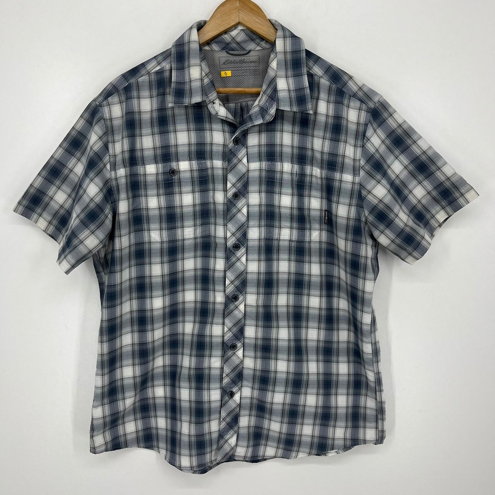 Eddie Bauer Mens Blue White Plaid Short Sleeve Button Up Hiking Shirt‎ Large
